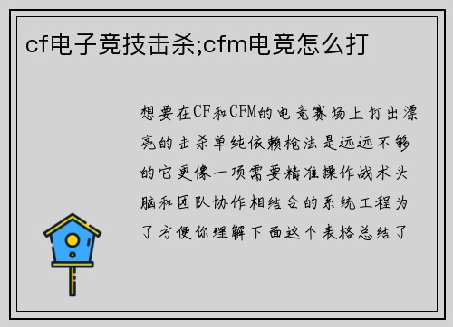cf电子竞技击杀;cfm电竞怎么打